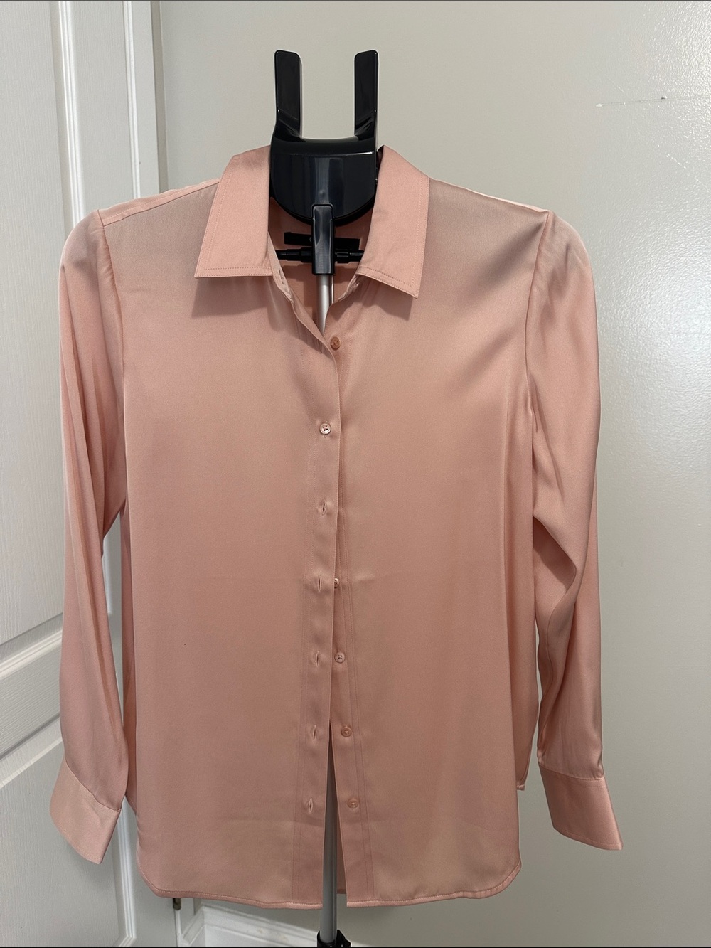 Quince Peach Satin-Look Button-Down Blouse